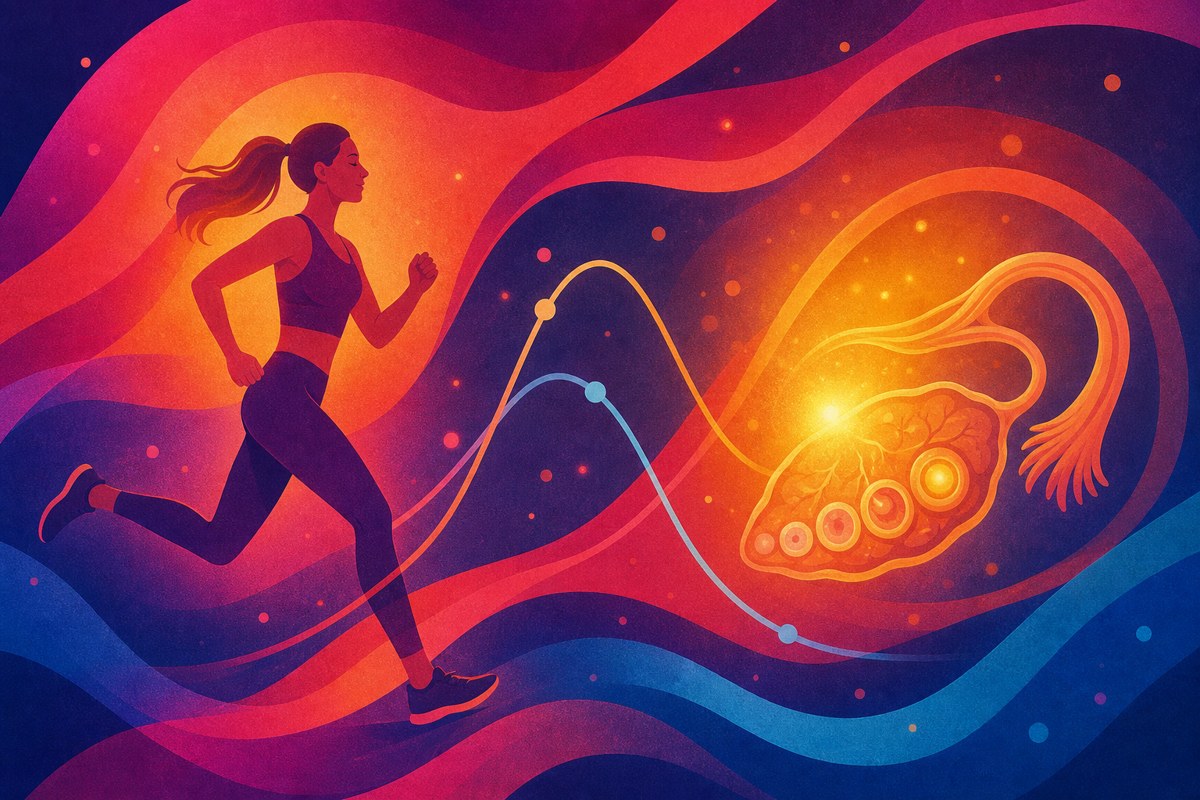 Abstract image of a running figure and hormonal rhythm curves