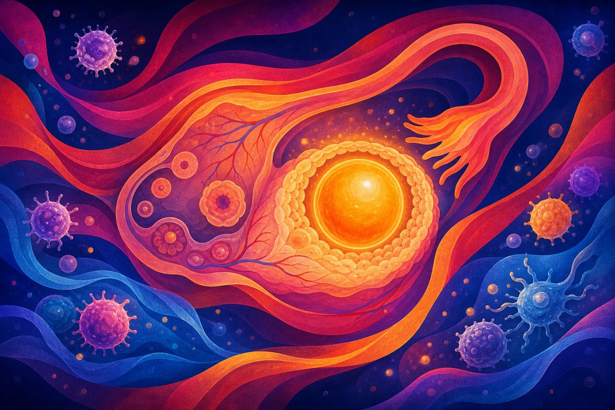 Abstract image of immune cells surrounding ovarian follicles, representing autoimmune effects on ovarian reserve