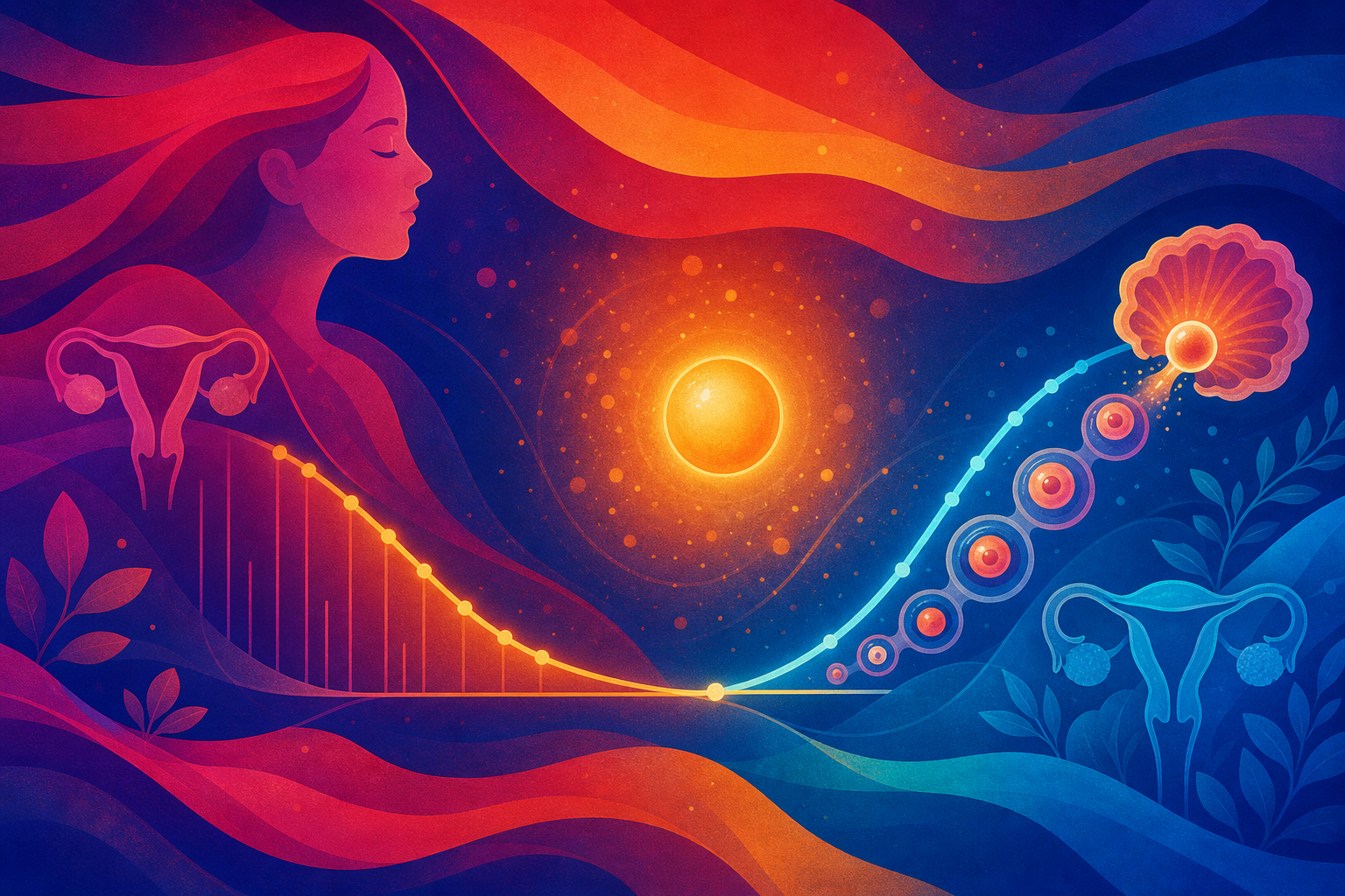 Abstract illustration of a hormone curve falling to baseline as a new ovulation cycle begins