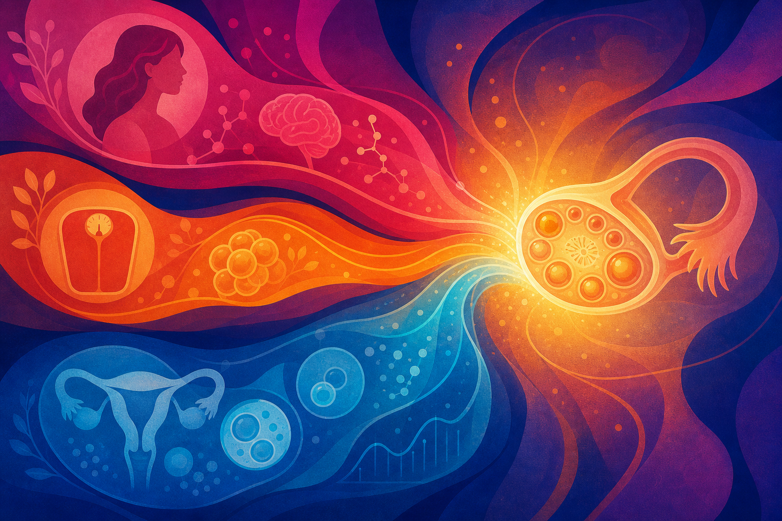 Abstract illustration of three diagnostic criteria converging on an ovary with follicles