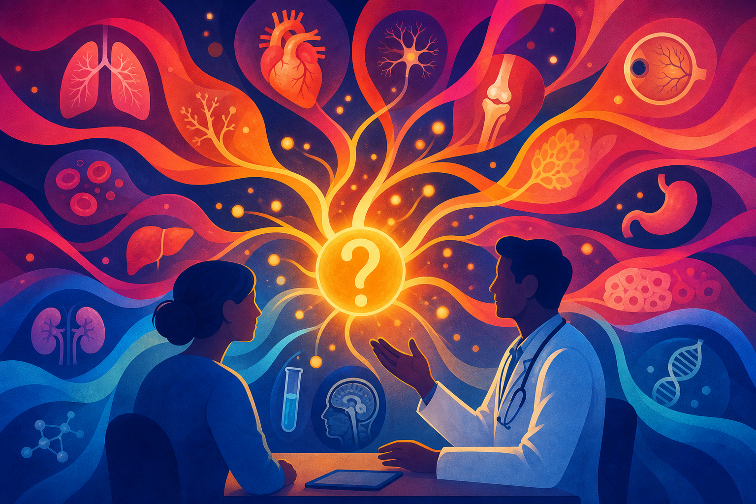 Abstract illustration of a question mark unfolding into branching diagnostic pathways