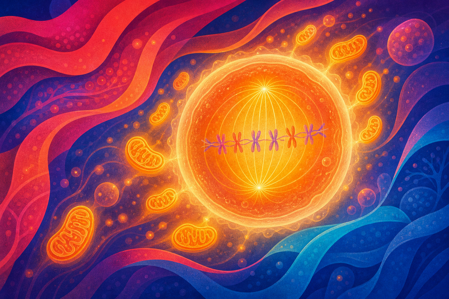 Abstract illustration of a developing egg cell surrounded by glowing mitochondria