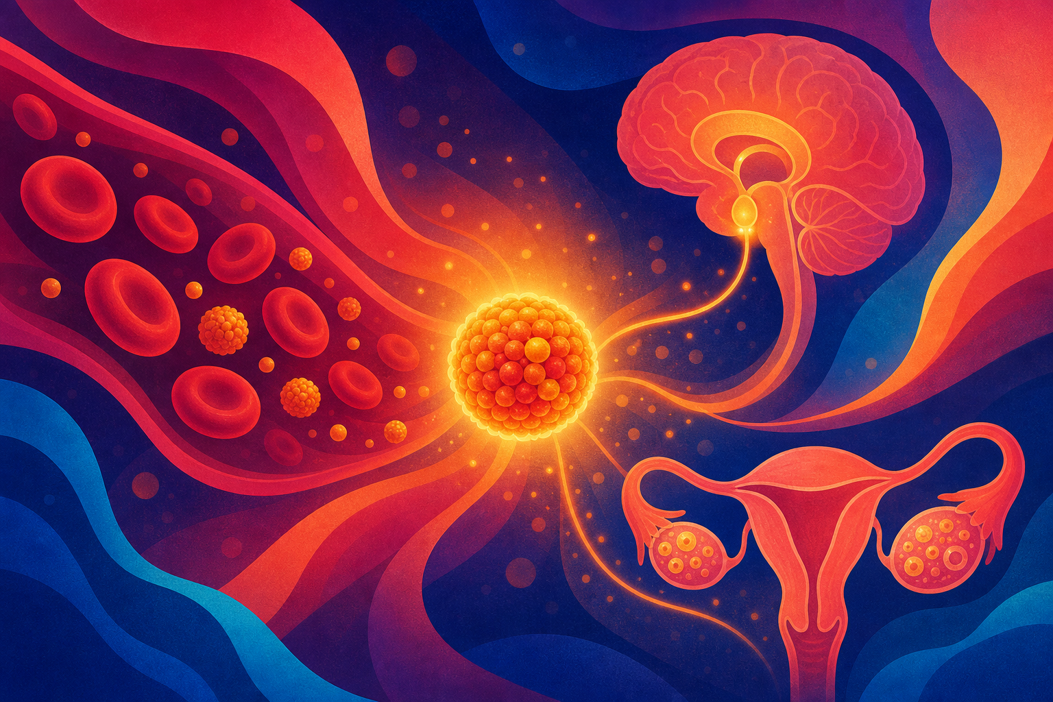 Abstract illustration of iron in the bloodstream signalling to the brain and ovaries