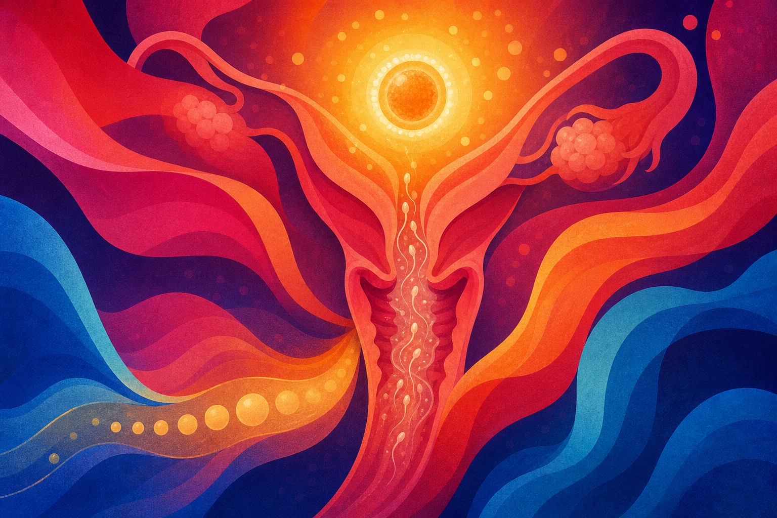 Abstract image of the cervix and fertile cervical mucus supporting sperm transport around ovulation