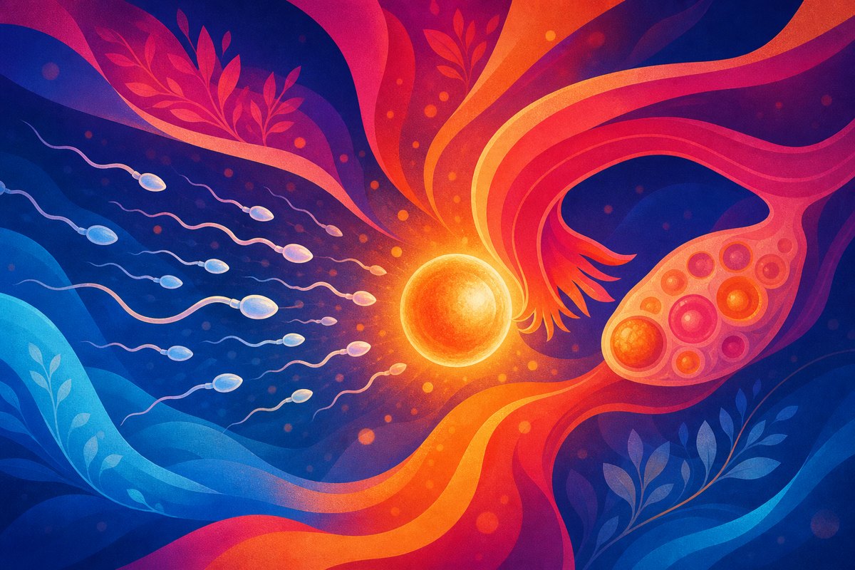 Abstract image of the fertile window, sperm transport, and ovulation timing across a menstrual cycle