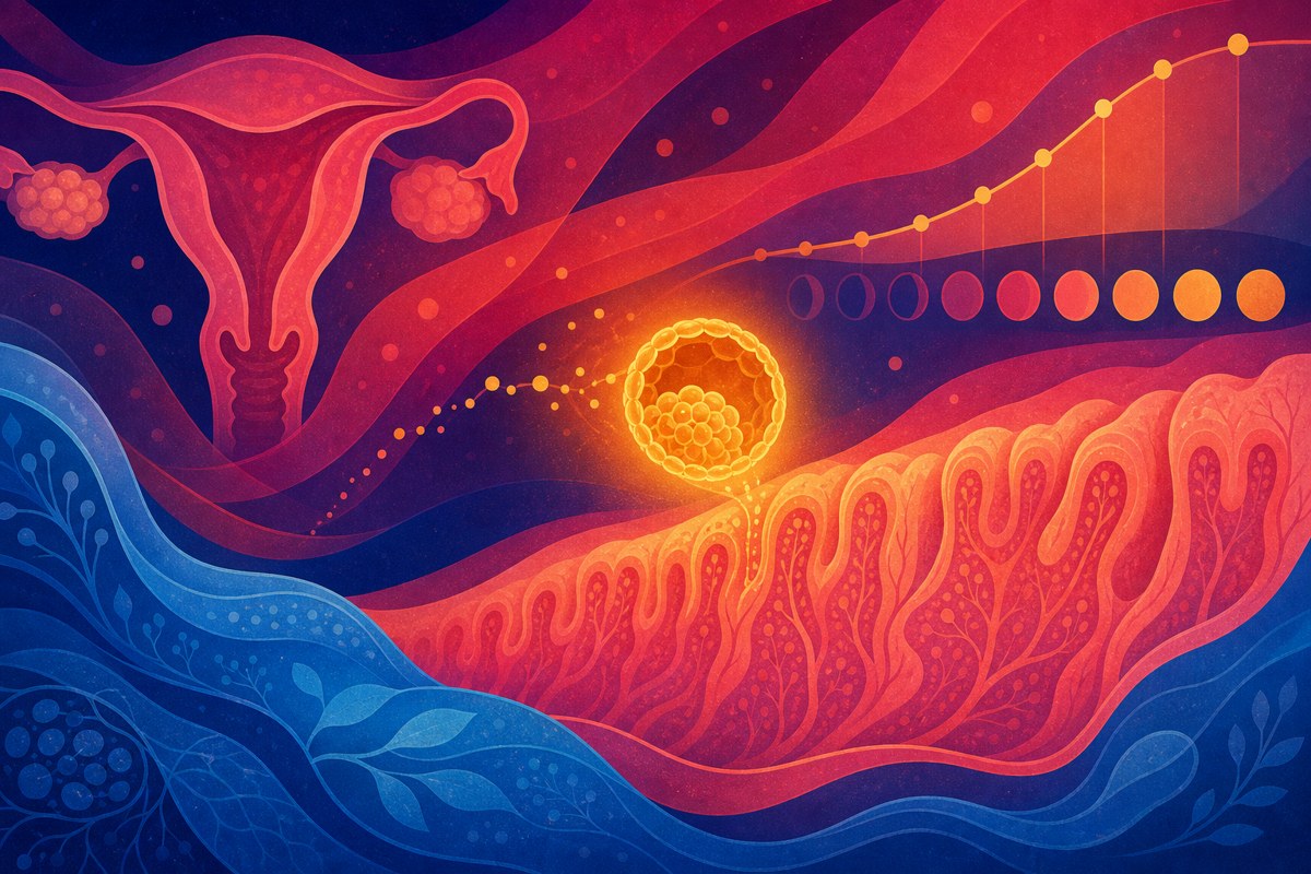 Abstract image of an embryo implanting in the uterine lining with a rising hormone curve