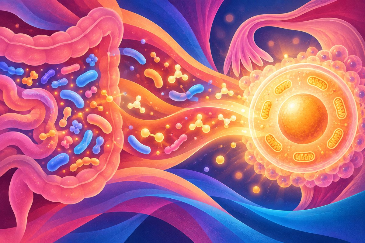 Abstract image of gut bacteria and glowing mitochondria connected to a developing egg