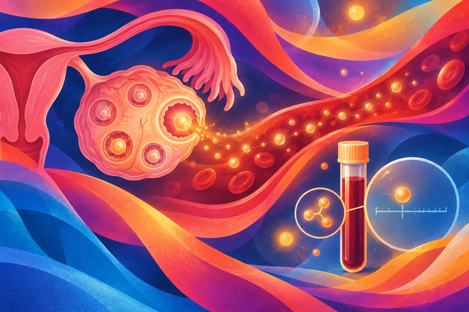 Abstract image of small ovarian follicles emitting hormone signals, with ribbons of blood flow and a single glowing orb