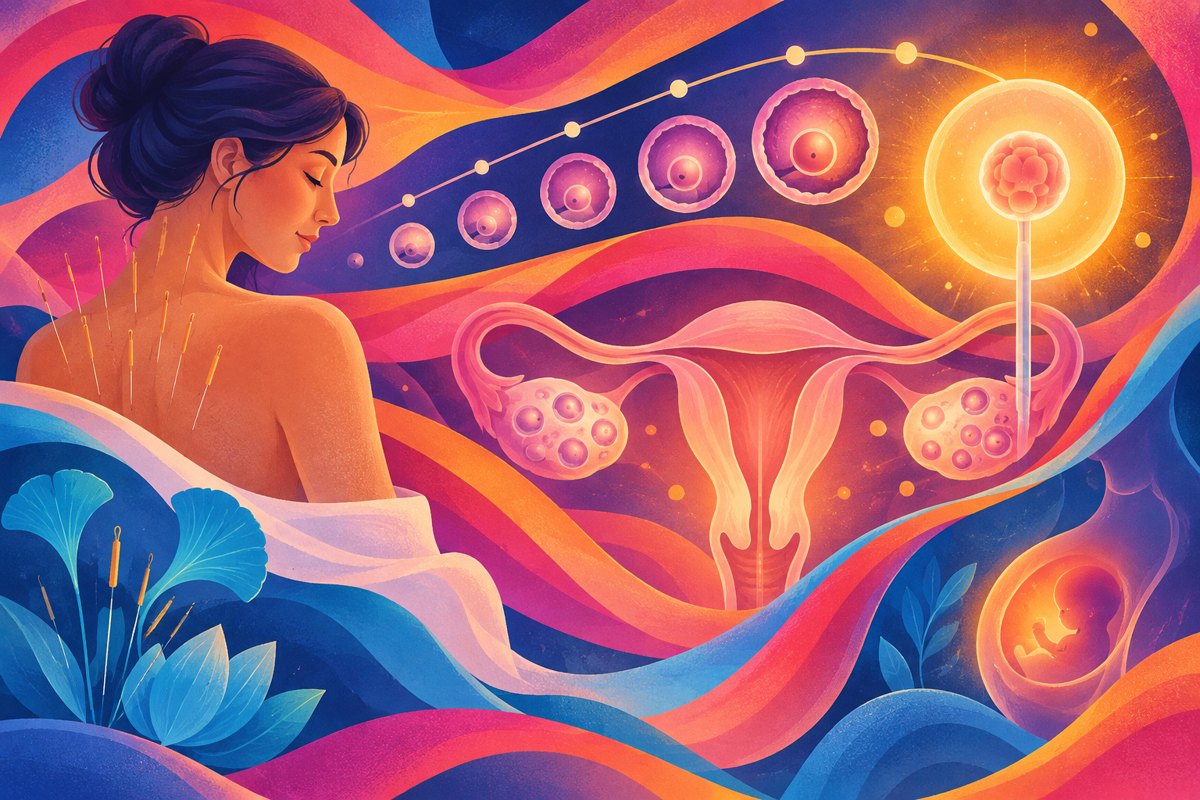 Abstract image of a calm needle-and-cycle motif suggesting integrative fertility care timed around an IVF cycle near Melville, New York