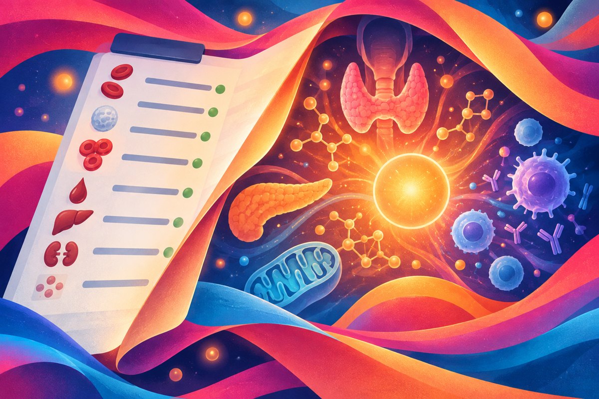 Abstract image of overlapping warm and cool gradient bands suggesting metabolic and immune balance in fertility care