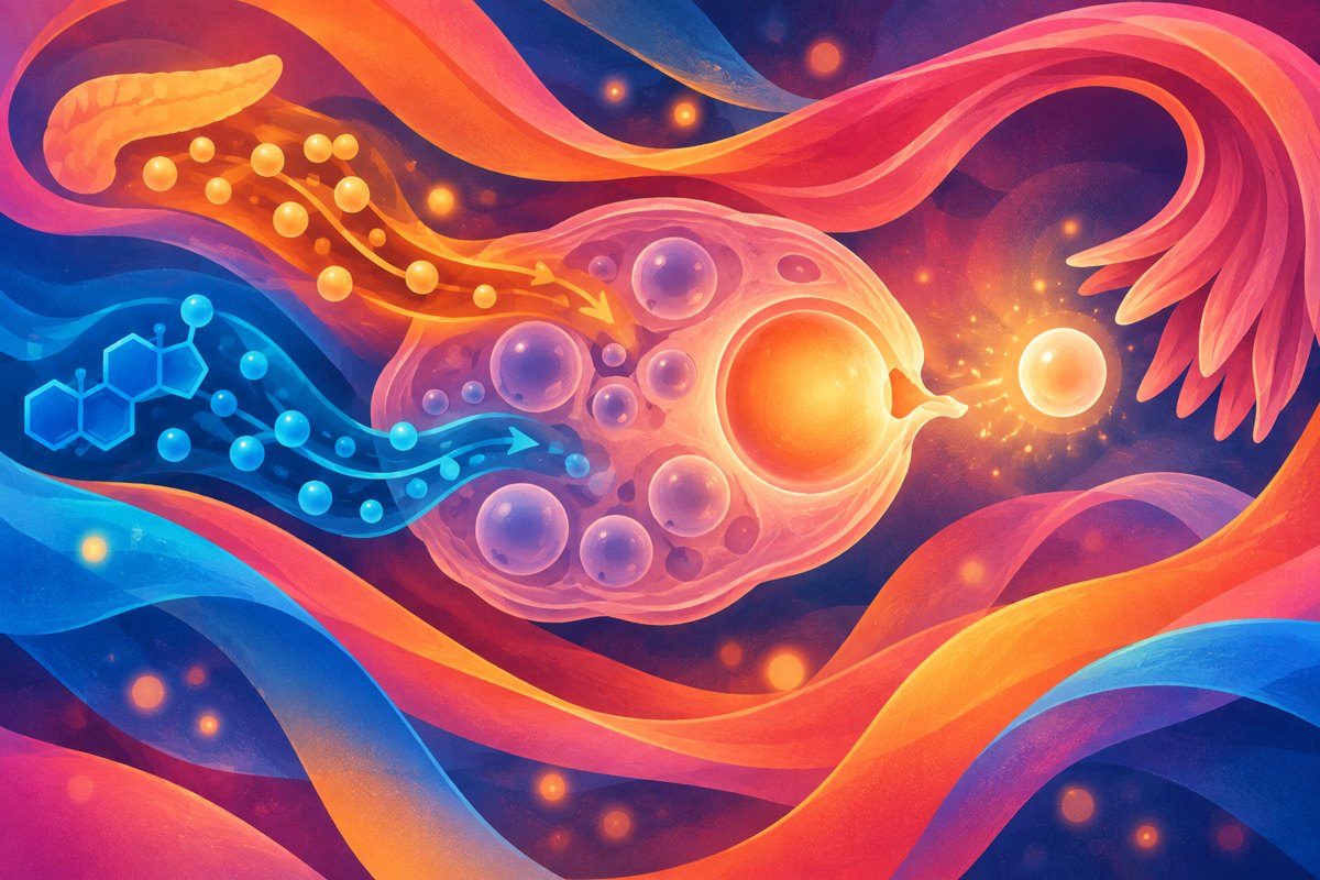 Abstract image of interlocking metabolic and ovulation cycle patterns in warm neutral tones