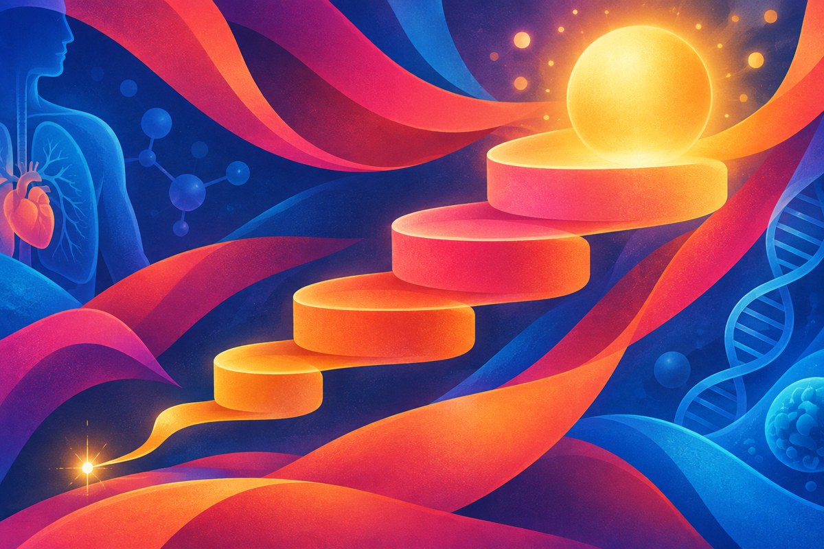 Abstract image of ascending gold and magenta ribbons forming a rising ladder toward a glowing orb