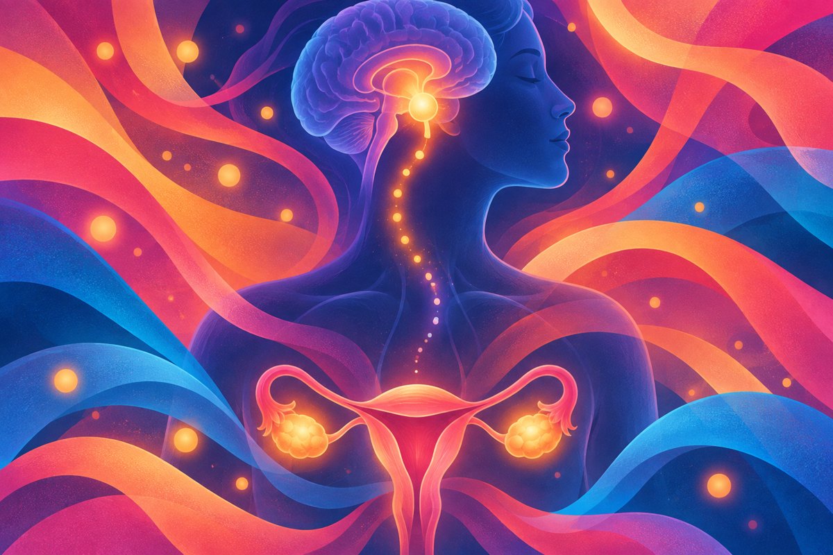 Abstract image of a single bright signal radiating from a small central form into softly branching pathways, suggesting a hormone message spreading from the pituitary