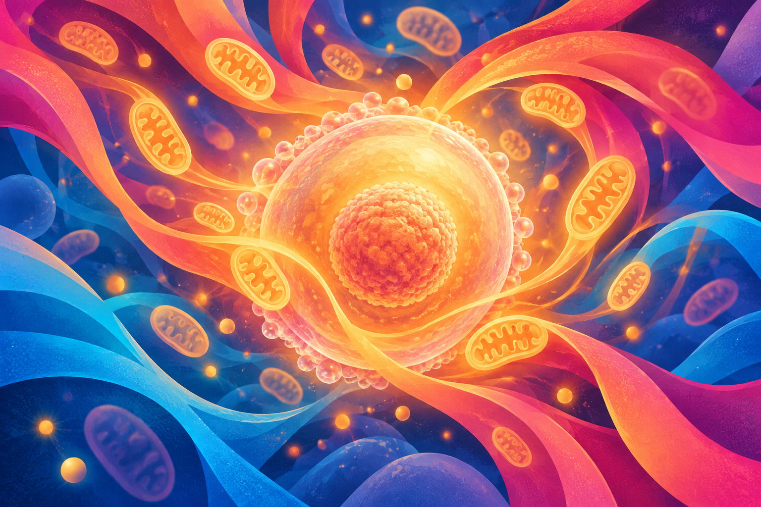 Abstract image of a mature egg cell surrounded by glowing mitochondrial ribbons and a single golden orb