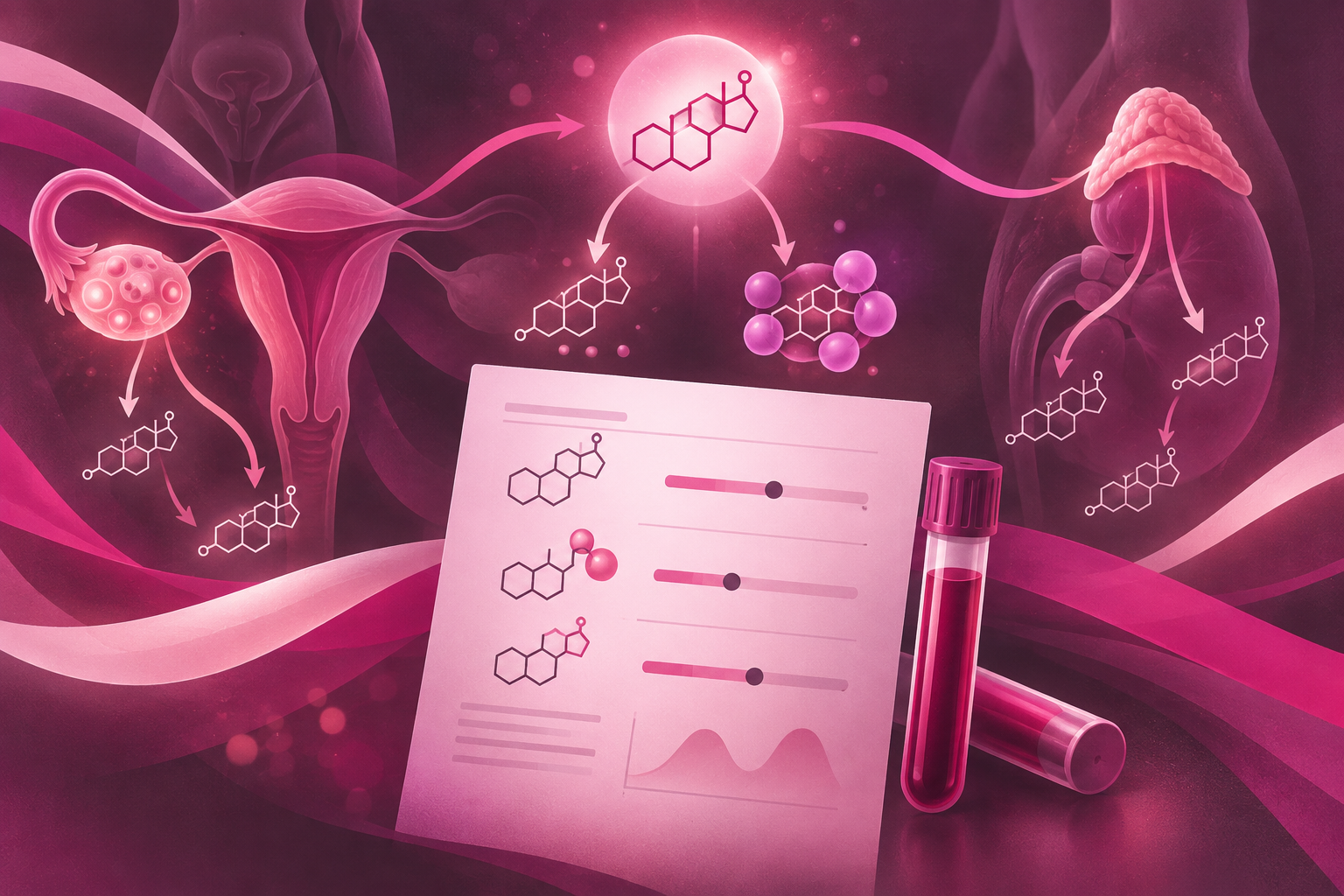 Abstract image of a hormone panel with one bound and one free testosterone fraction, adrenal and ovarian pathways branching behind it.