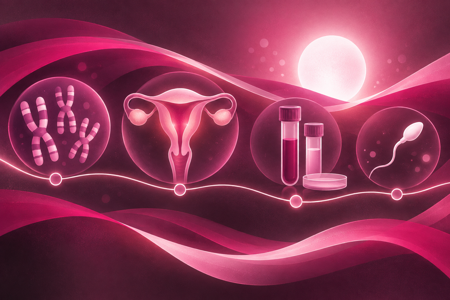 Abstract image of a miscarriage workup laid out as connected layers — chromosomes, a uterine cavity outline, lab vials and a sperm cell on a single timeline.