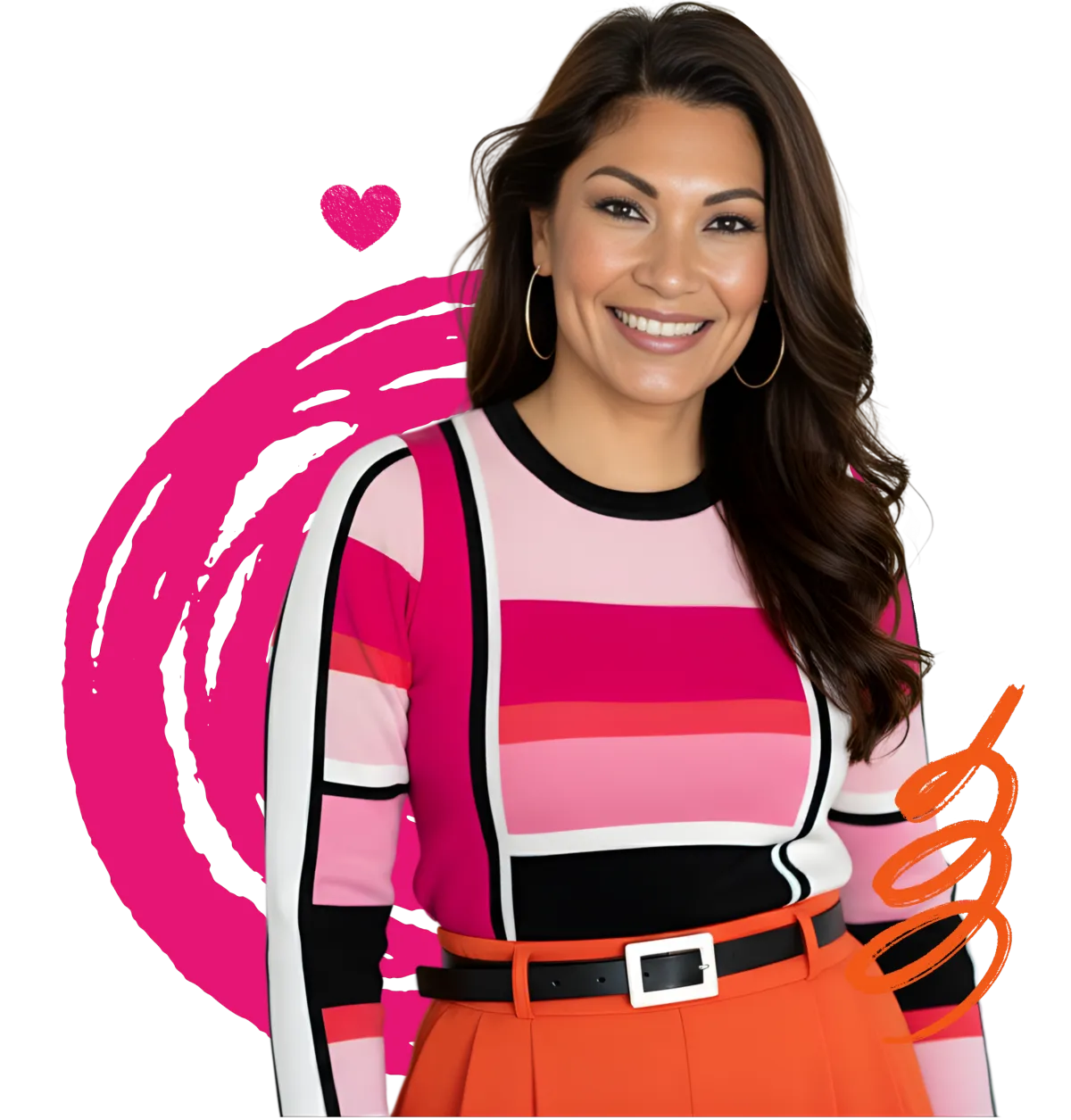 Wanda Lambert, brand messaging strategist, on black hearts background with pink brushstroke swirl