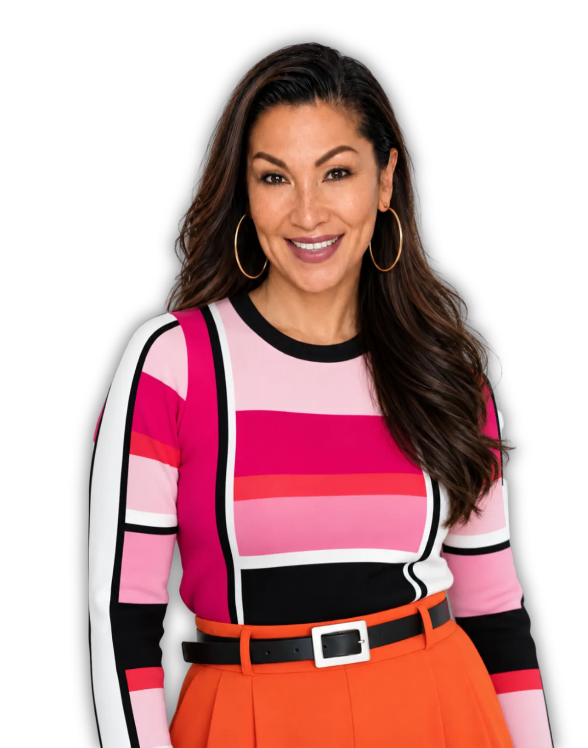 Wanda Lambert in right colored top and orange pants