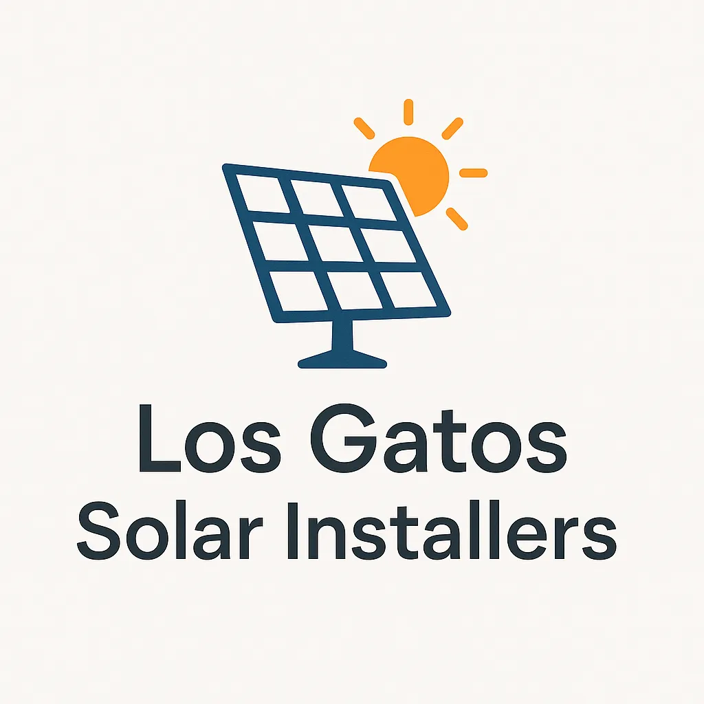 Logo for Los Gatos Solar Installers, showcasing a solar panel and sun design above the company name, in dark gray with a minimal blue and orange palette.