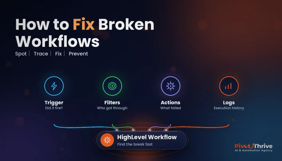 GoHighLevel workflow troubleshooting - trigger, filters, actions and logs infographic