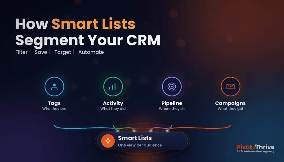GoHighLevel Smart Lists segmenting CRM contacts by tags, activity, pipeline and campaigns