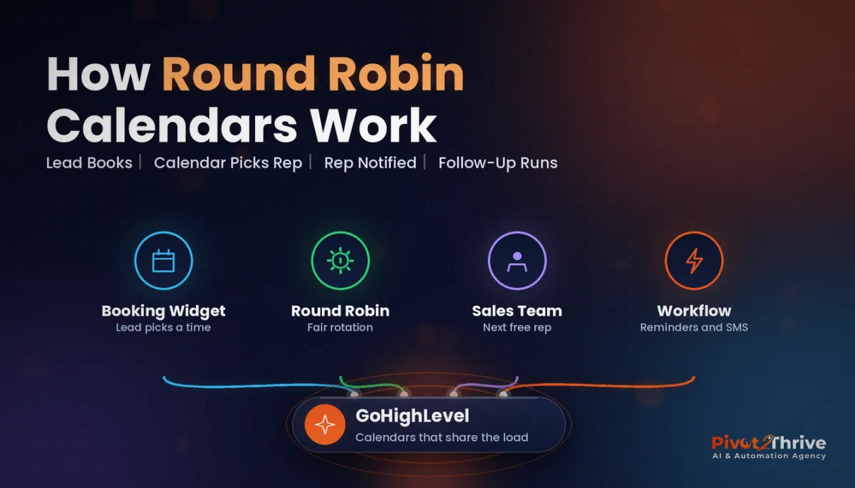 GoHighLevel round robin calendar setup diagram - booking widget, rotation, sales team and workflow