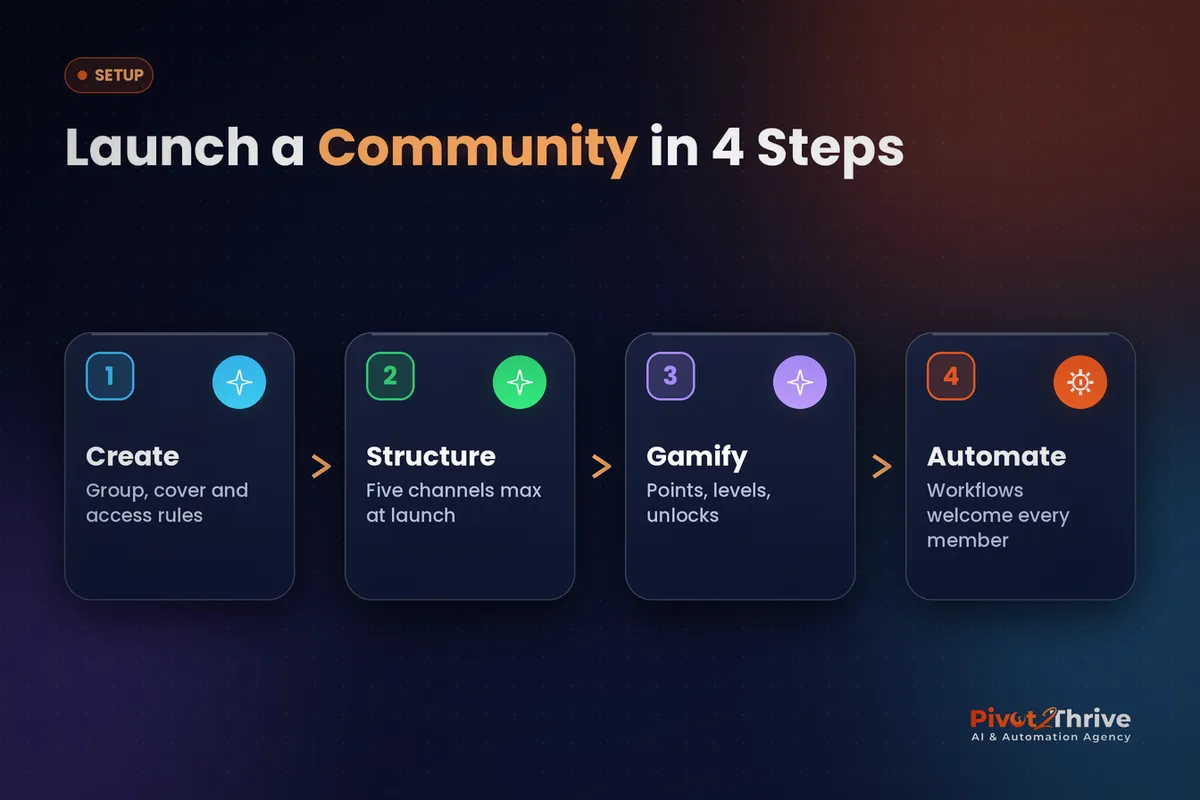 GoHighLevel Communities setup diagram showing create, structure, gamify and automate steps