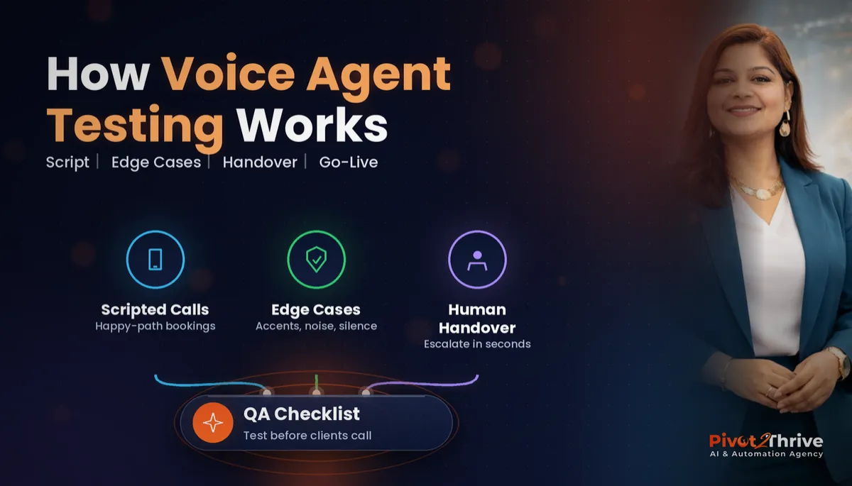 AI voice agent testing checklist cover with Dr Priya Jaganathan and the four testing stages