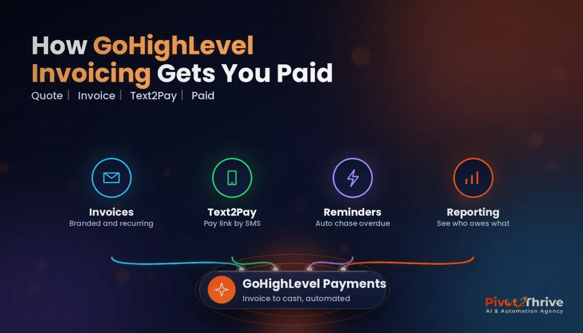 GoHighLevel invoices and Text2Pay workflow diagram showing invoice, SMS pay link, reminders and reporting