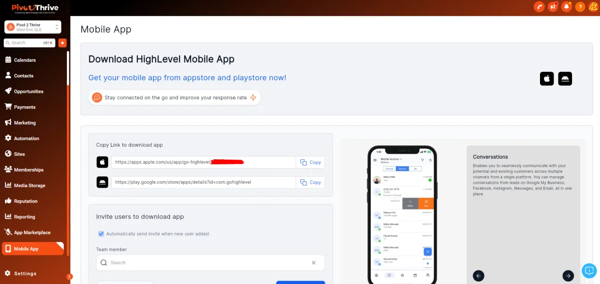 HighLevel Mobile App settings page, allowing users to adjust preferences and configurations easily.