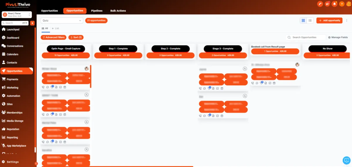 Website dashboard showcasing various opportunities and analytics for user engagement and growth.