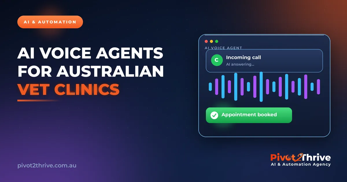Dark-branded Pivot2Thrive graphic of an AI voice agent answering calls for an Australian vet clinic