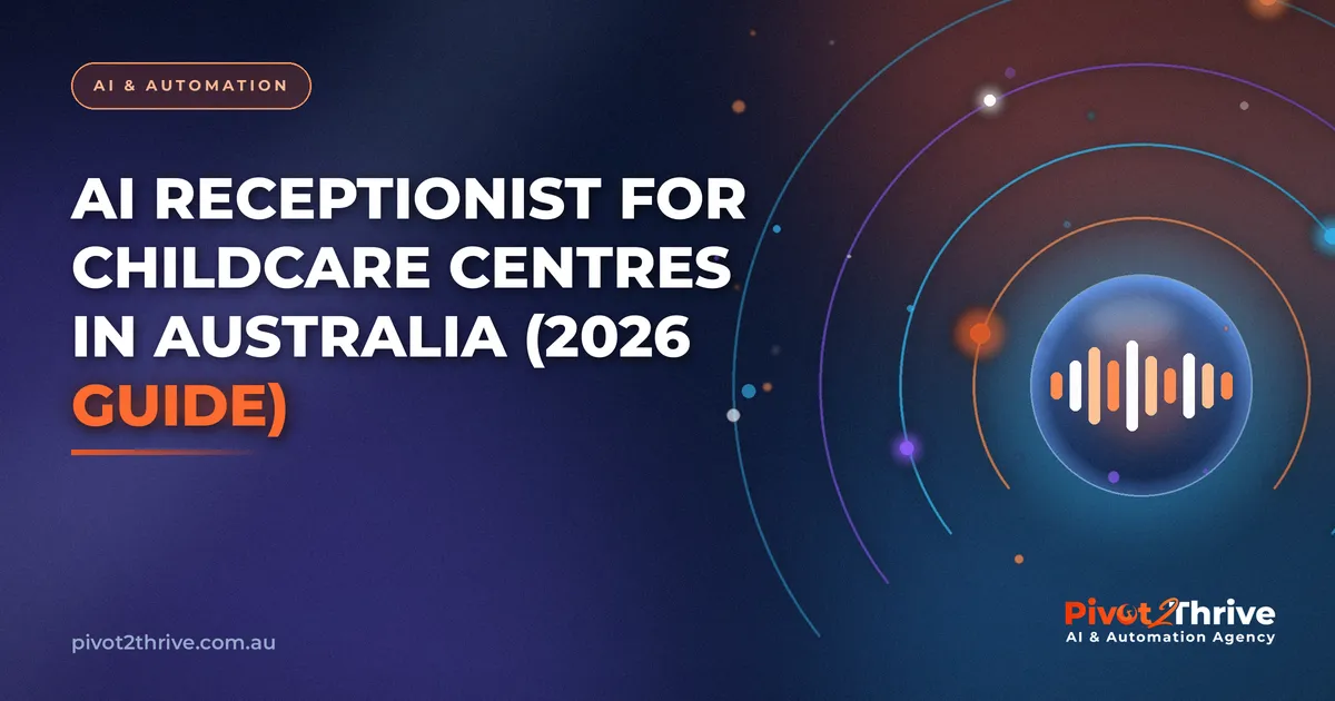 AI receptionist for childcare centres in Australia shown as a glowing voice waveform inside a glass orb on a navy background