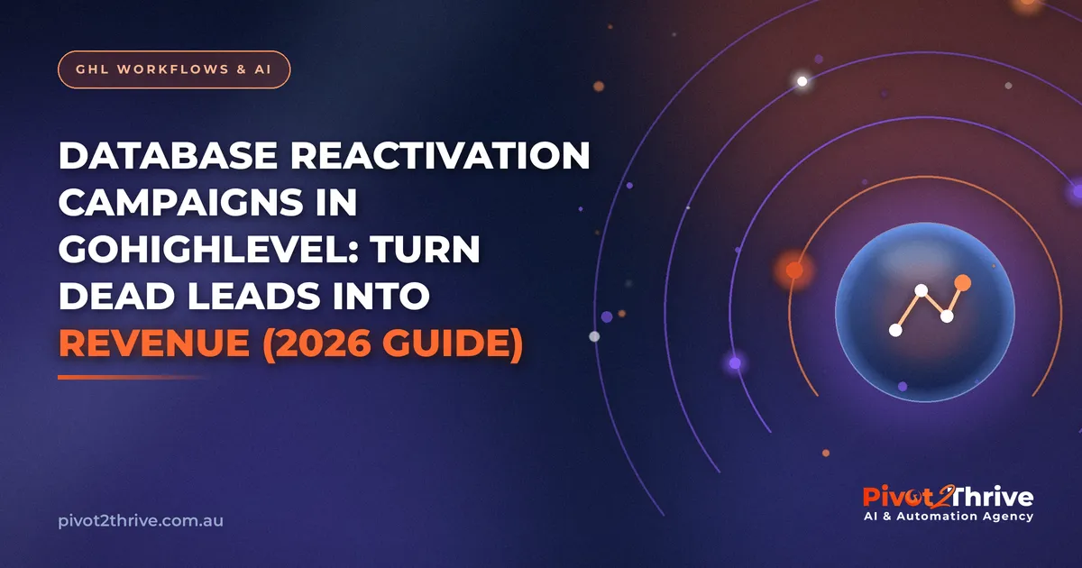 Database reactivation campaigns in GoHighLevel illustrated with a glowing pipeline graphic on a navy editorial background
