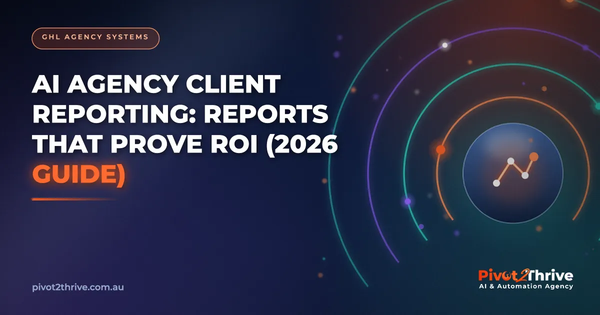 AI agency client reporting dashboard in GoHighLevel showing calls answered, appointments booked and revenue attributed for an Australian client