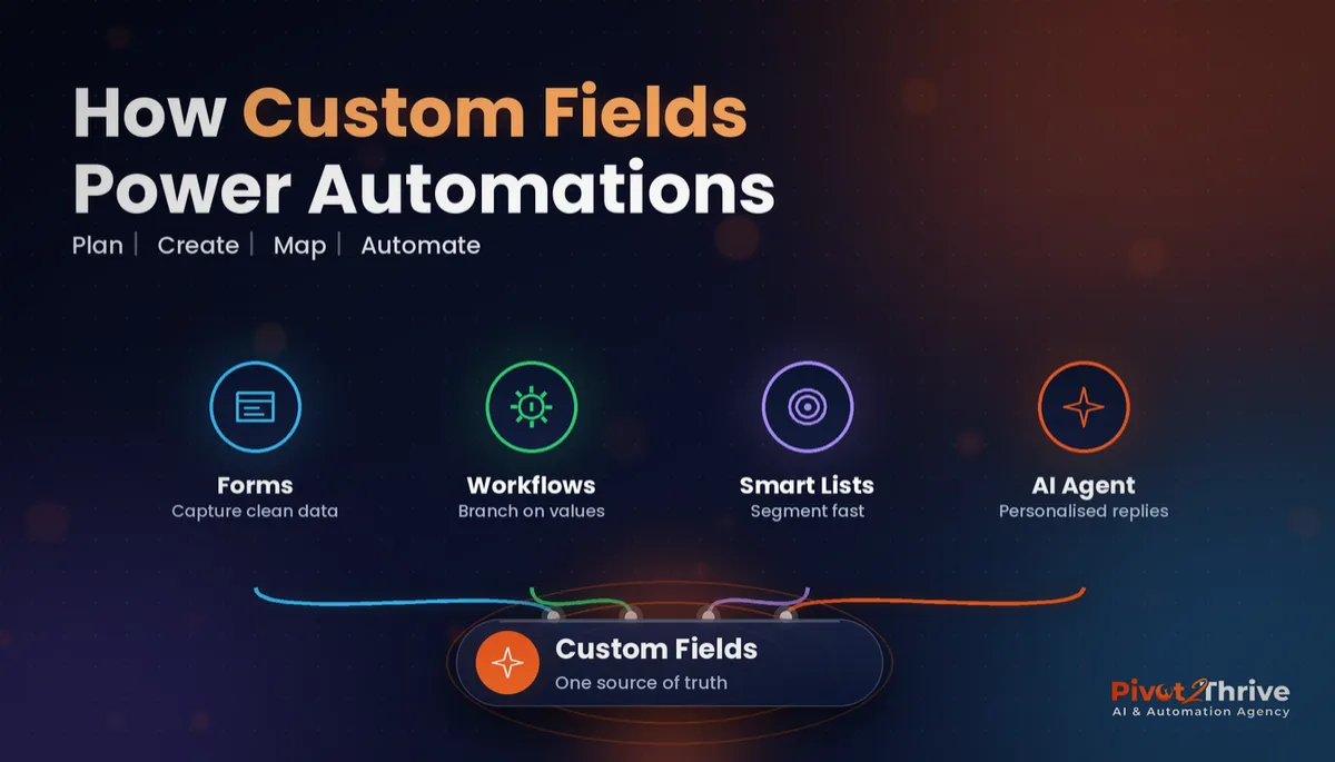 GoHighLevel custom fields diagram showing forms, workflows, smart lists and AI agent connected to one source of truth