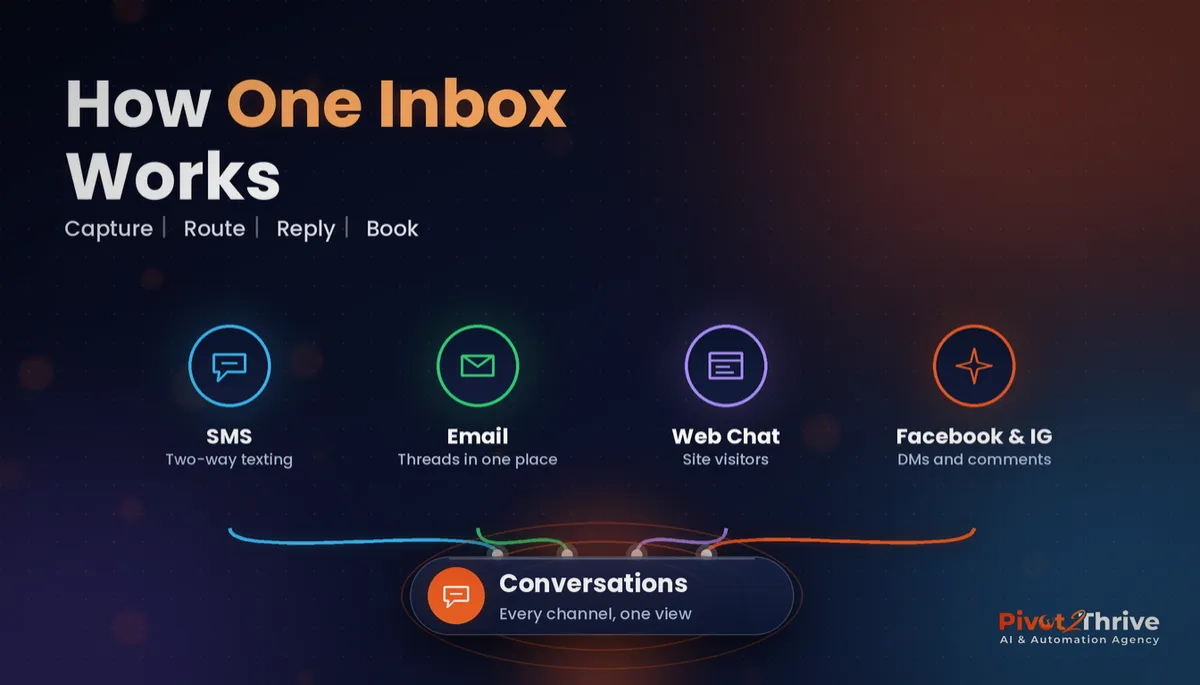 GoHighLevel Conversations unified inbox diagram connecting SMS, email, web chat, Facebook and Instagram