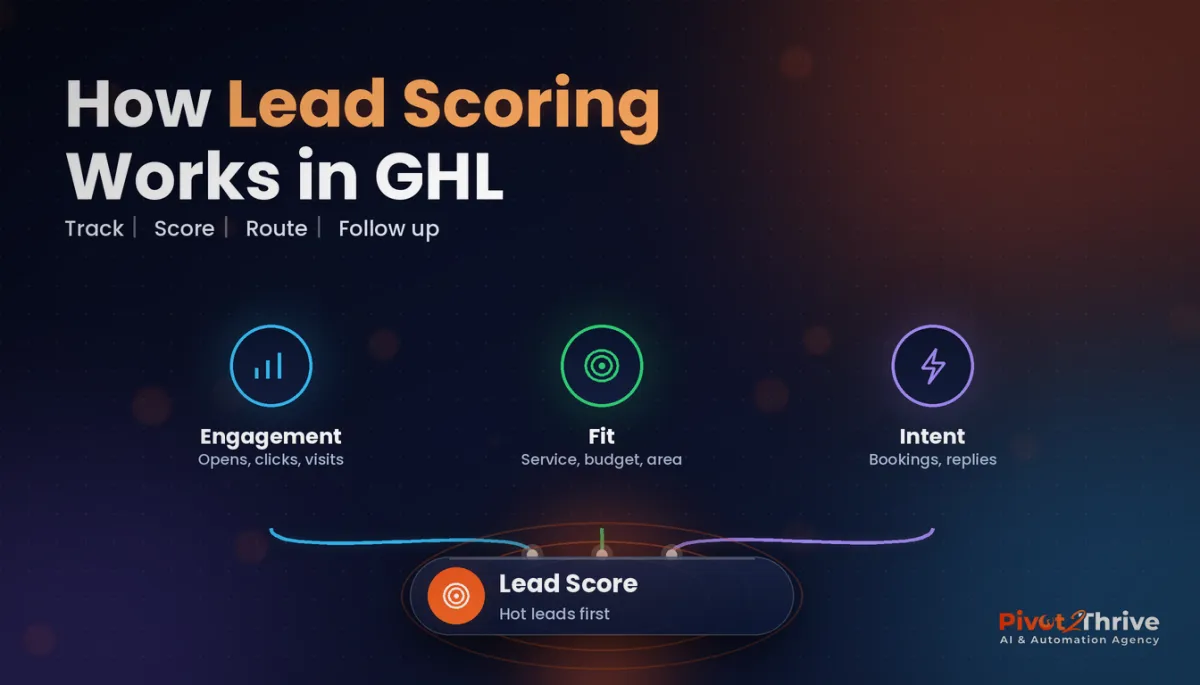 GoHighLevel lead scoring diagram showing engagement, fit and intent feeding a lead score