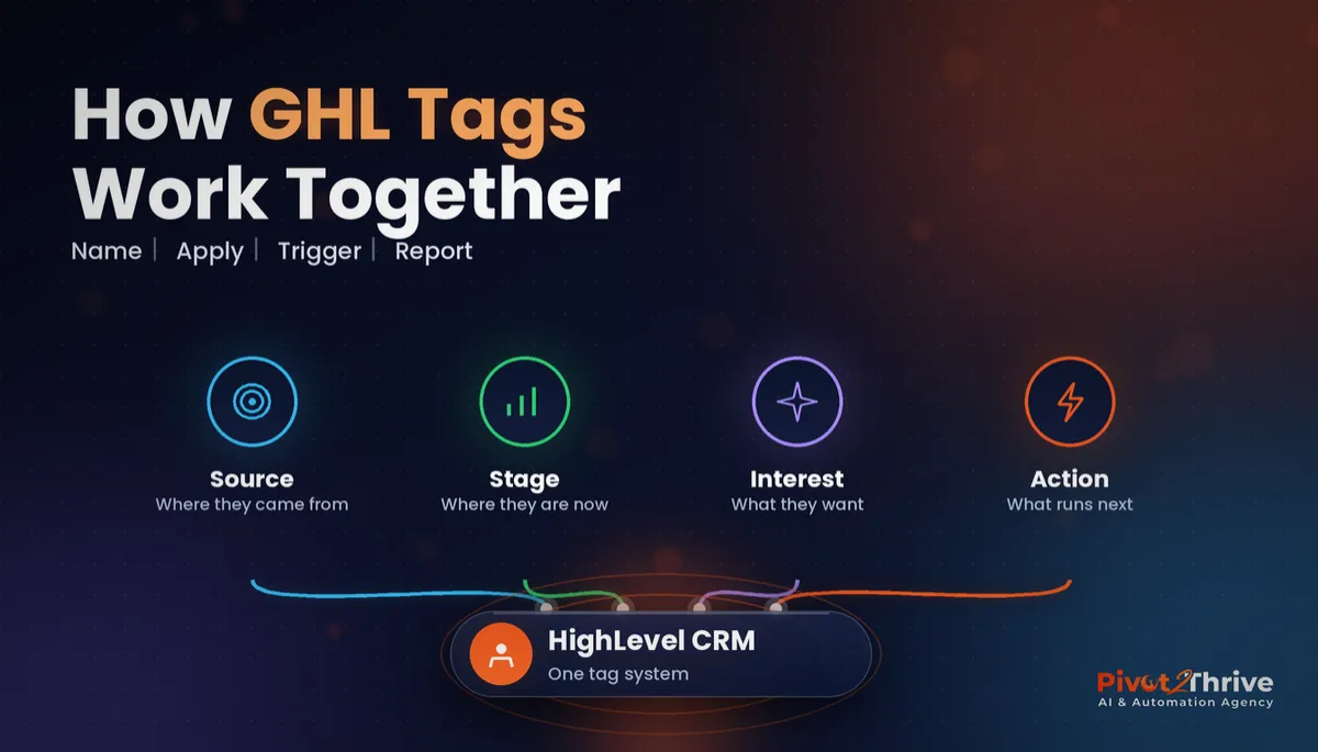 GoHighLevel tags naming system diagram showing source, stage, interest and action tags