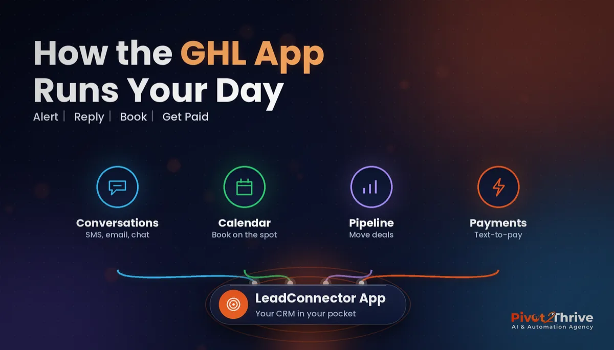 GoHighLevel mobile app infographic - how the LeadConnector app handles conversations, calendar, pipeline and payments