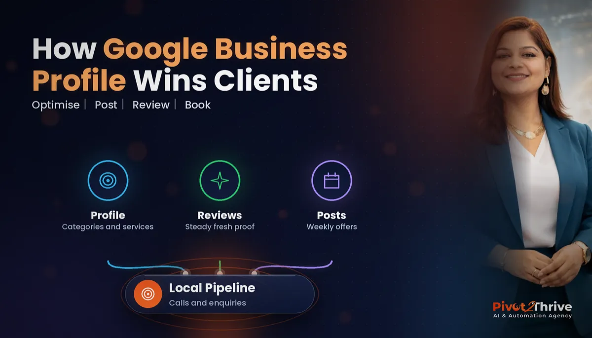 Google Business Profile for AI agencies cover with Dr Priya Jaganathan and a local pipeline diagram