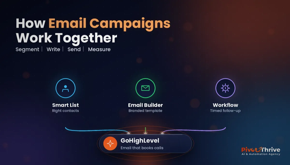 GoHighLevel email campaigns infographic showing Smart Lists, the email builder and workflows working together