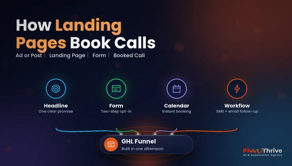 GoHighLevel funnels landing page diagram showing headline, form, calendar and follow-up workflow connected to a GHL funnel