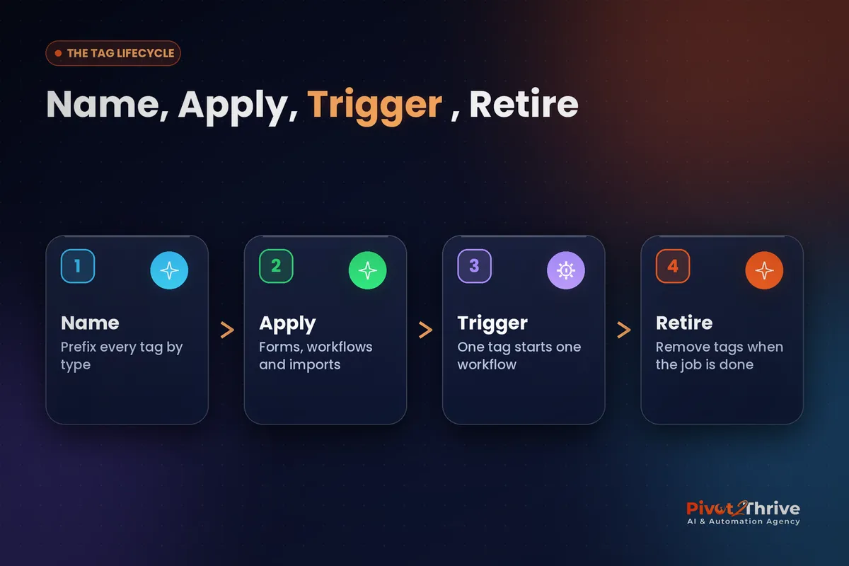 GoHighLevel tags lifecycle: name, apply, trigger and retire