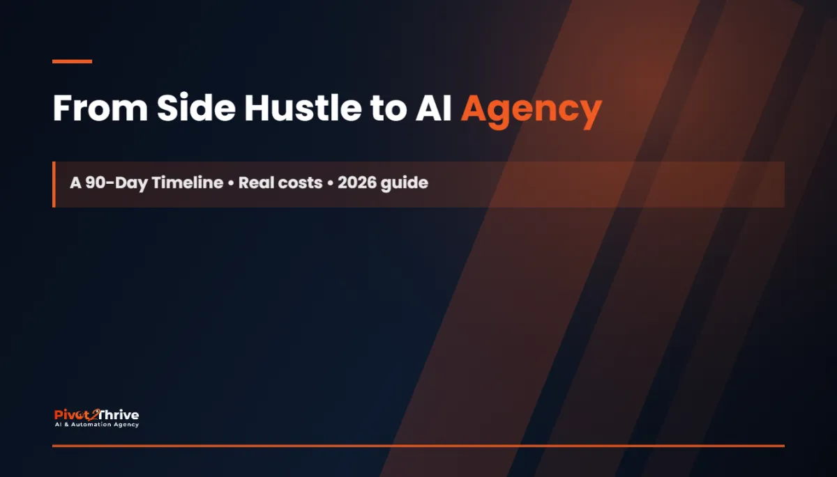 From side hustle to AI agency in 90 days - Pivot2Thrive timeline with a booked calendar dashboard