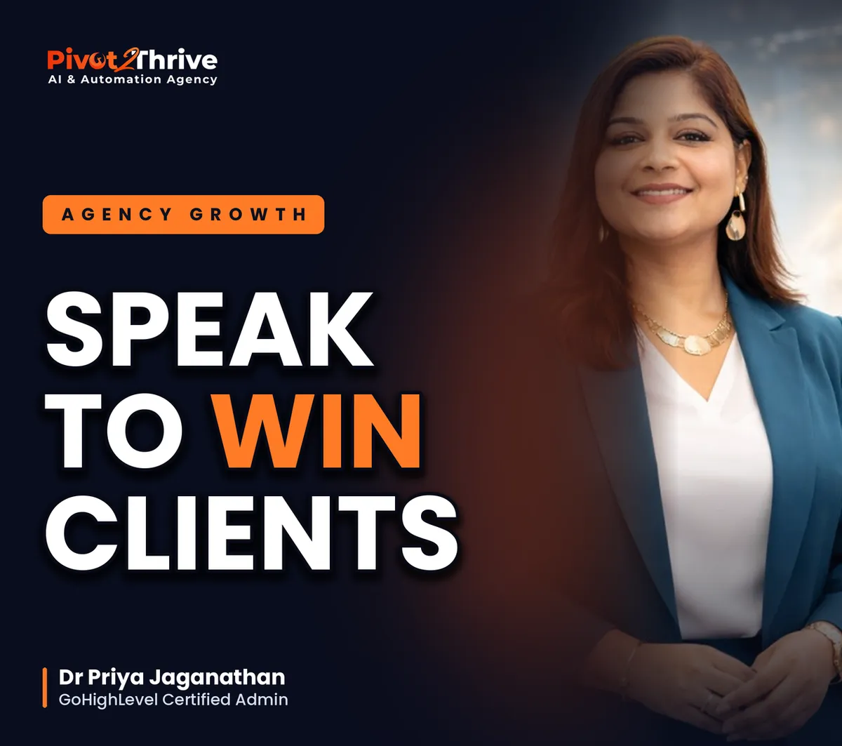 Public speaking for AI agencies cover with Dr Priya Jaganathan and the words Speak to Win Clients