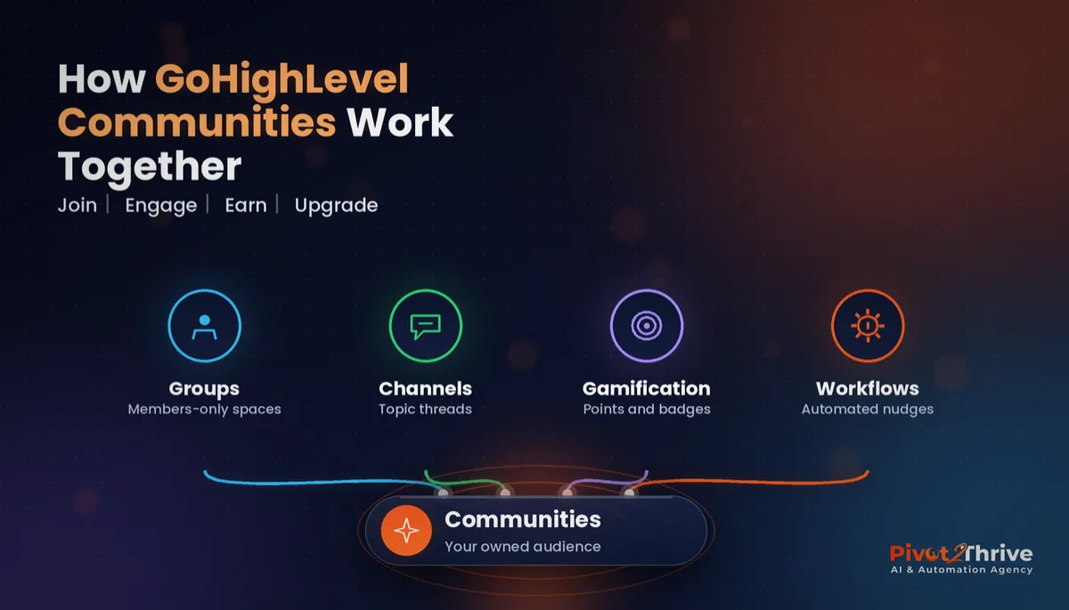 How GoHighLevel Communities work together: groups, channels, gamification and workflows infographic
