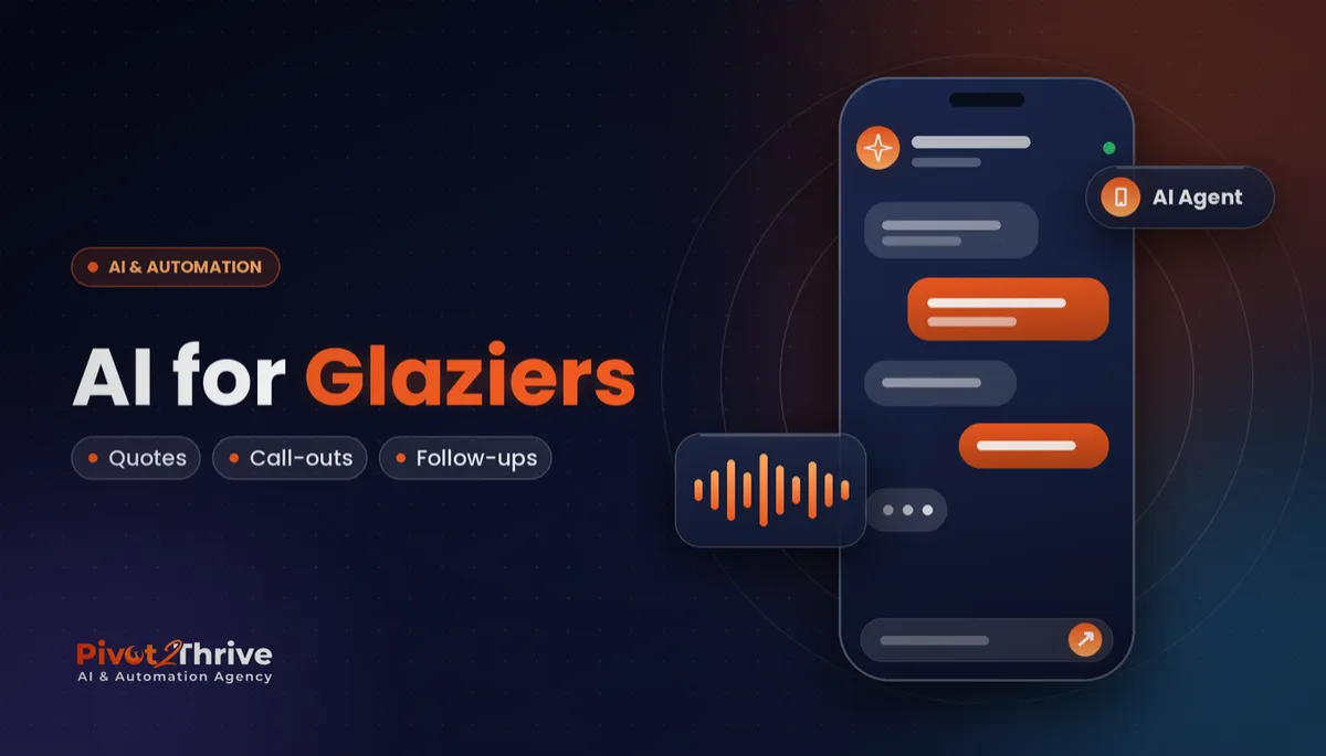 AI for glaziers in Australia cover showing an AI agent handling quotes, call-outs and follow-ups on a phone