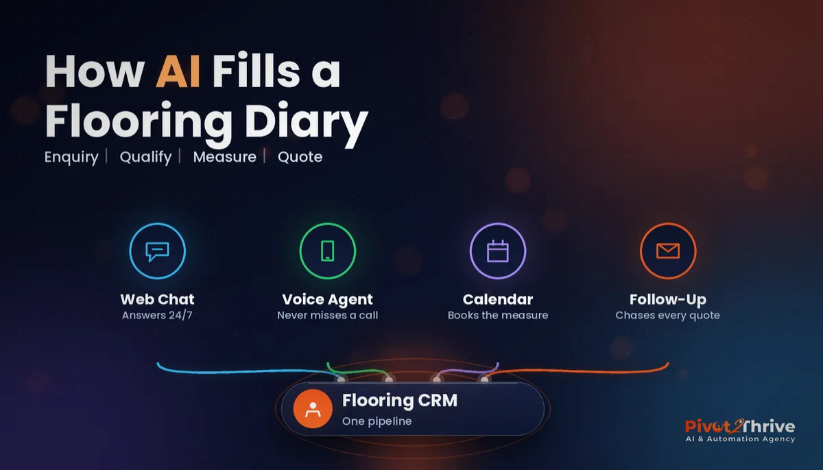 AI for flooring businesses in Australia infographic showing web chat, voice agent, calendar and follow-up feeding one CRM