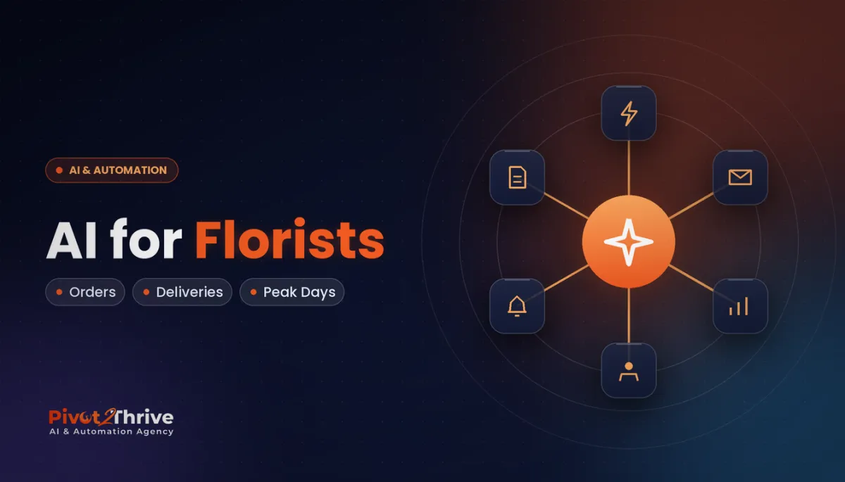 AI for florists in Australia cover showing orders, deliveries and peak days connected to an AI hub